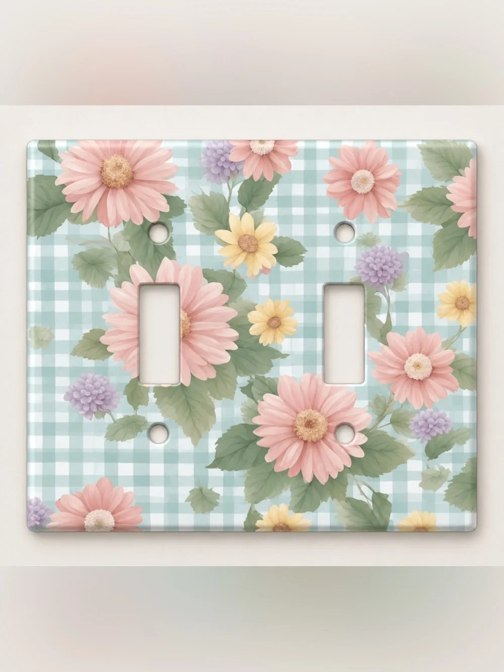 Handmade Pink Daisy Floral Gingham Double Toggle Light Switch Cover Plate